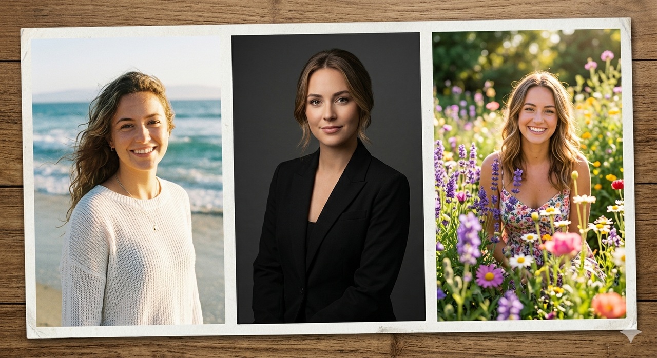 Portrait showcase with beach, studio and garden examples for basic photo coverage.
