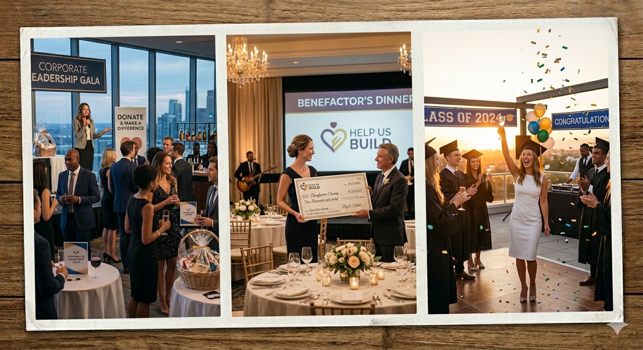 Corporate gala, formal dinner and graduation celebration collage for premium event coverage.