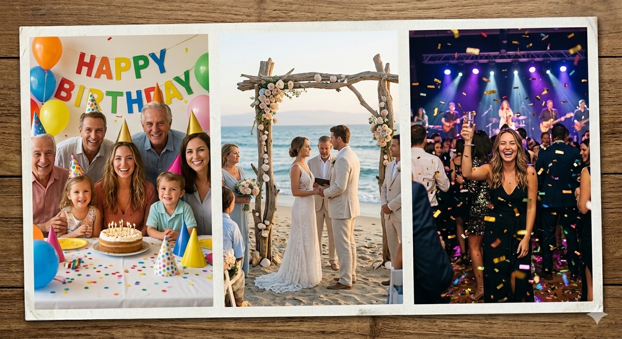 Birthday, beach wedding and celebration collage for standard event coverage.