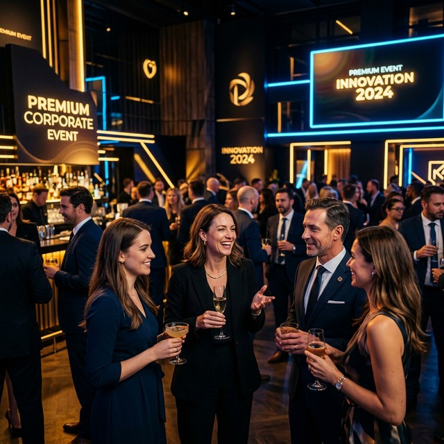Guests enjoying a premium corporate event with cinematic lighting.