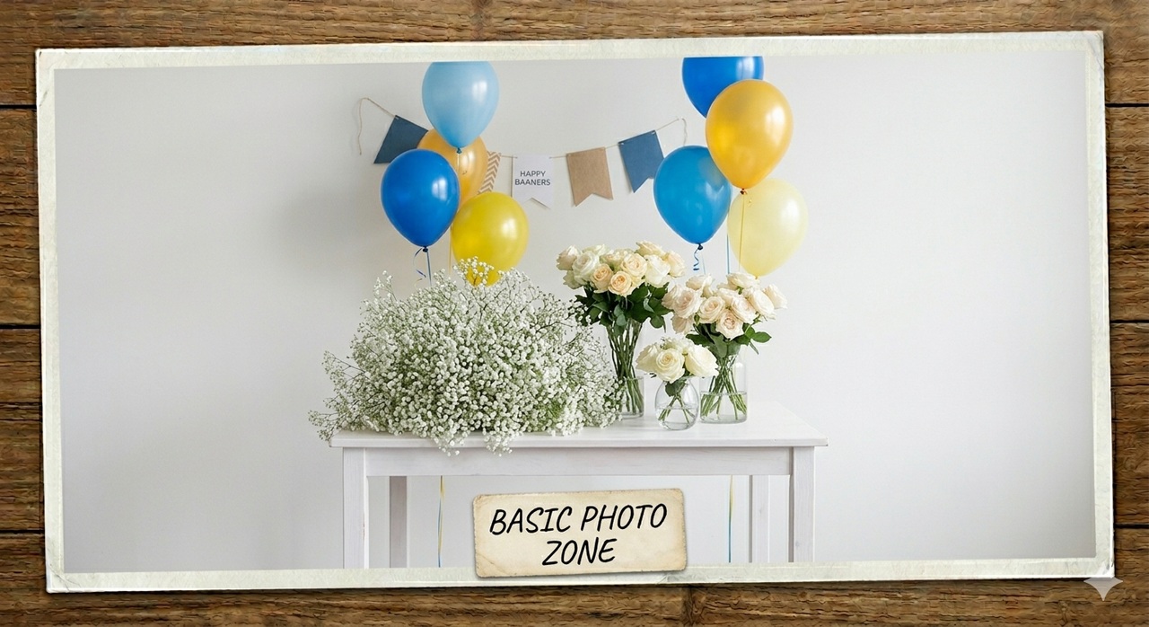Basic photo zone with table florals and blue and yellow balloons.