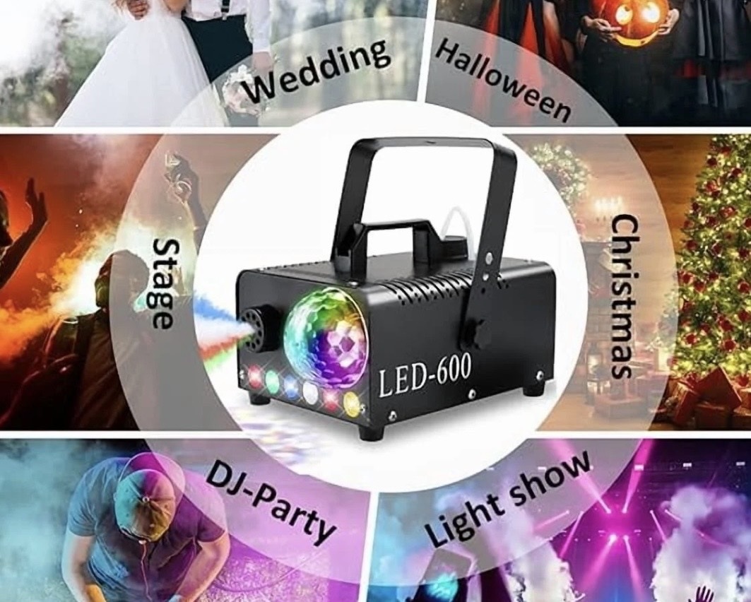 Lighting and fog machine showcase with use cases for weddings, parties, stage and holiday events.