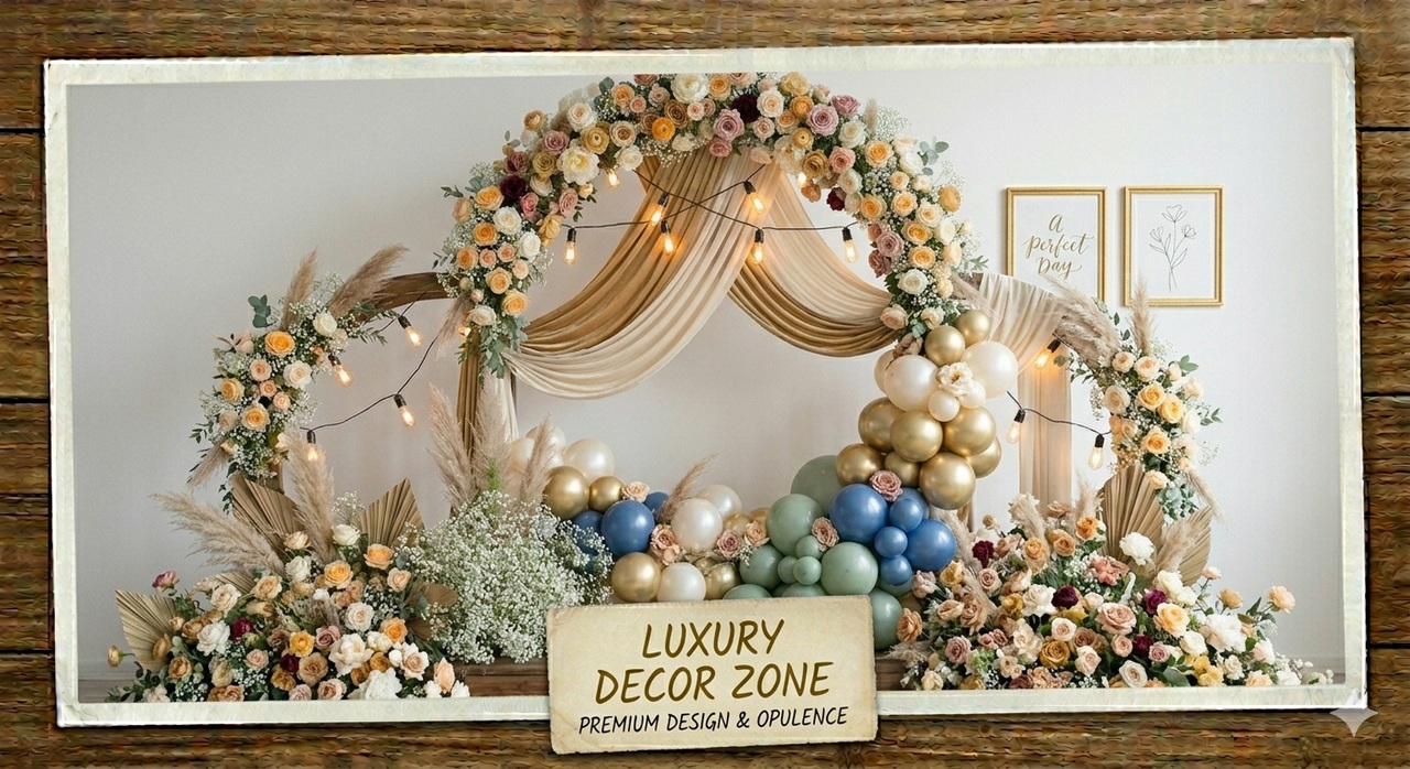 Luxury decor zone with florals, draping, balloons and layered premium backdrop styling.