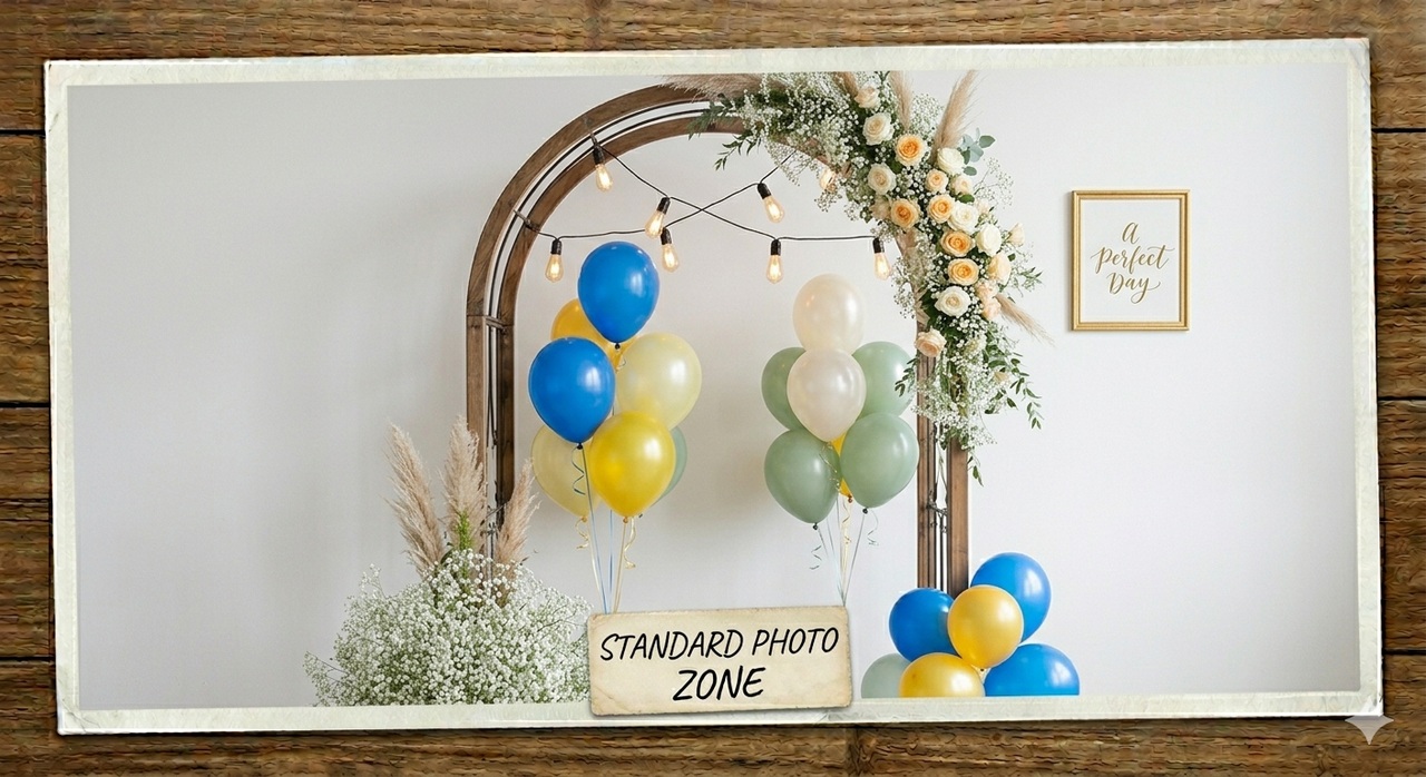 Standard photo zone with framed arch, florals and balloon styling.